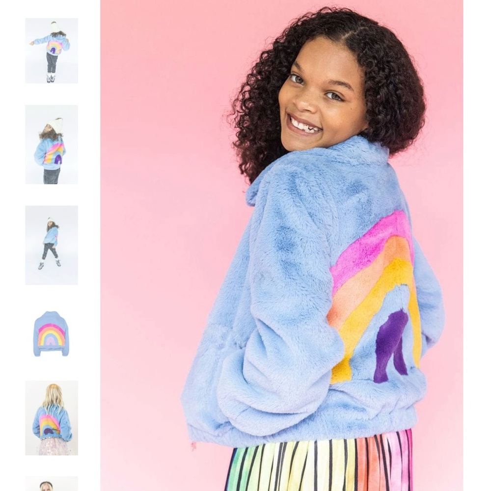 Lola + The Boys Rainbow Faux Fur Zip Up Jacket. Size 10, Blue